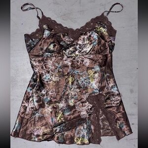 Y2K Chocolate Satin Babydoll Lace Trim Blue Floral Coquette Fairy Cami Top SZ.S